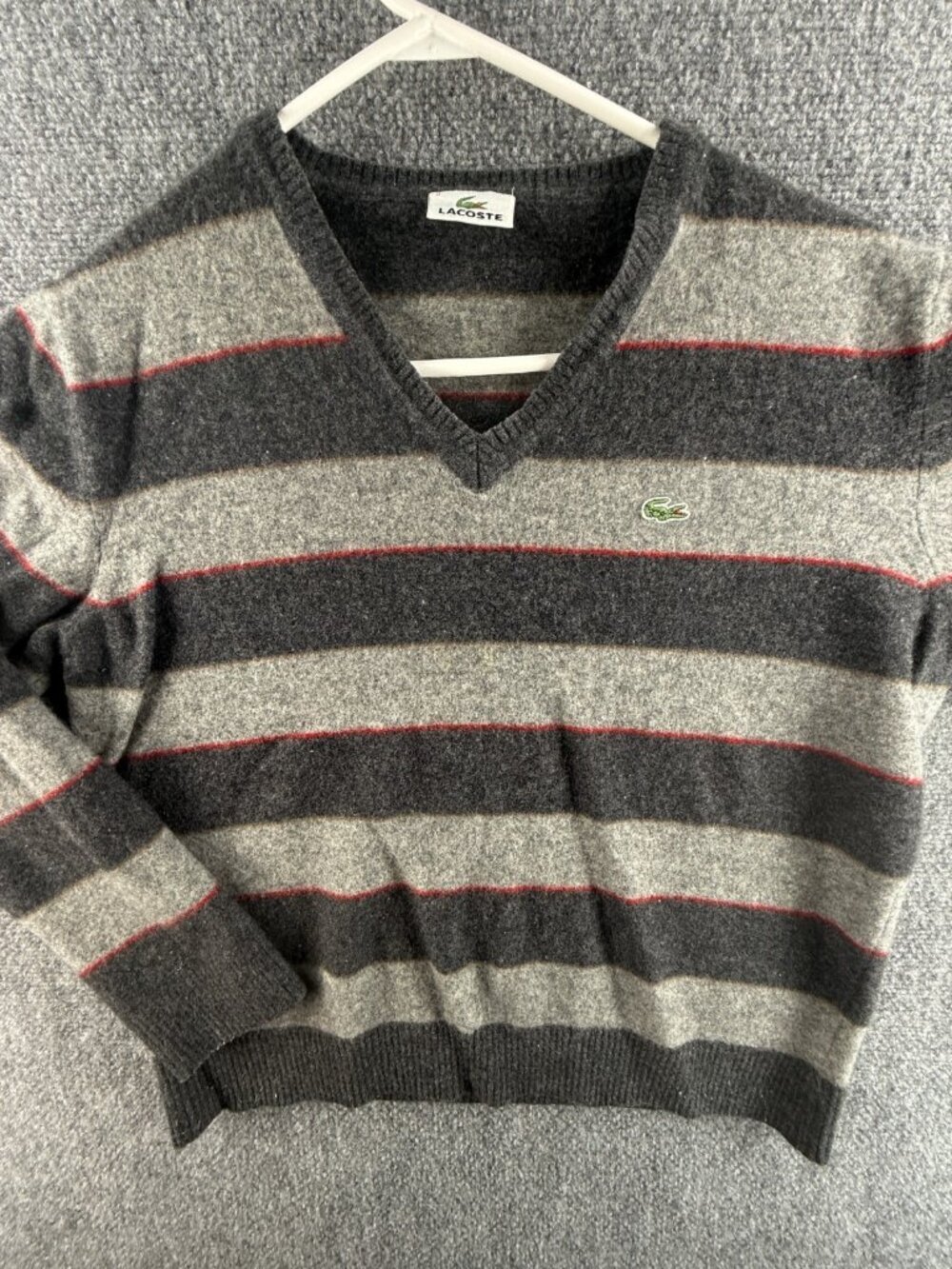 Lacoste Men Sweater Pullover Croc Size 5 Large Wool Blend Soft Gray Red Striped